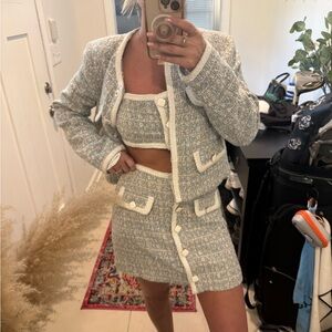 3 piece suit set includes skirt, bralette and jacket